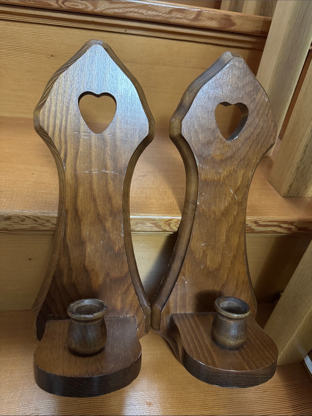 VTG Wood Heart-Cut Candle Wall Sconces - Pair